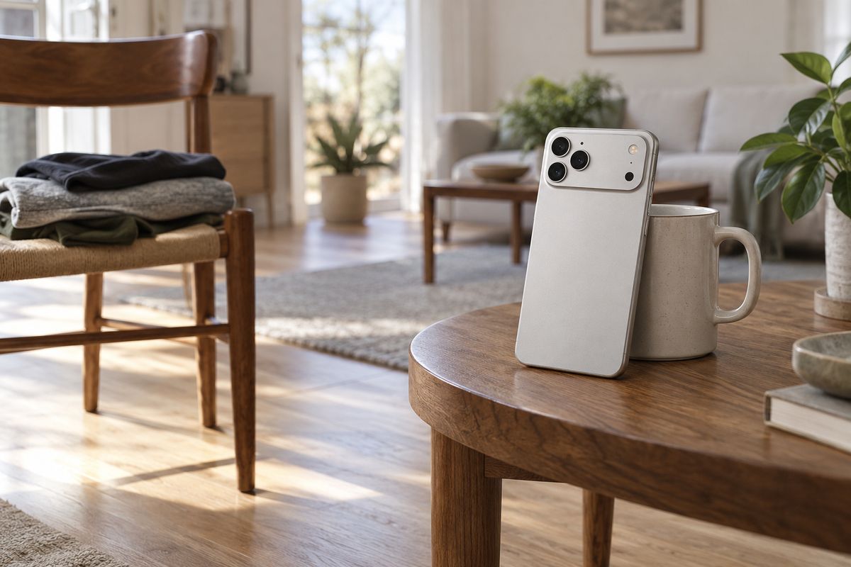 Smartphone propped against a mug on a wooden side table in a bright living room, with folded sports clothes on a chair