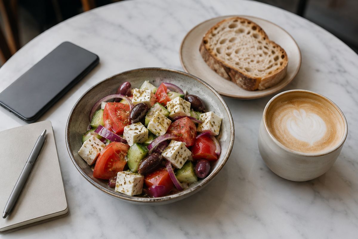 Greek salad, sourdough and a flat white on a marble table, with a phone face down beside a notebook