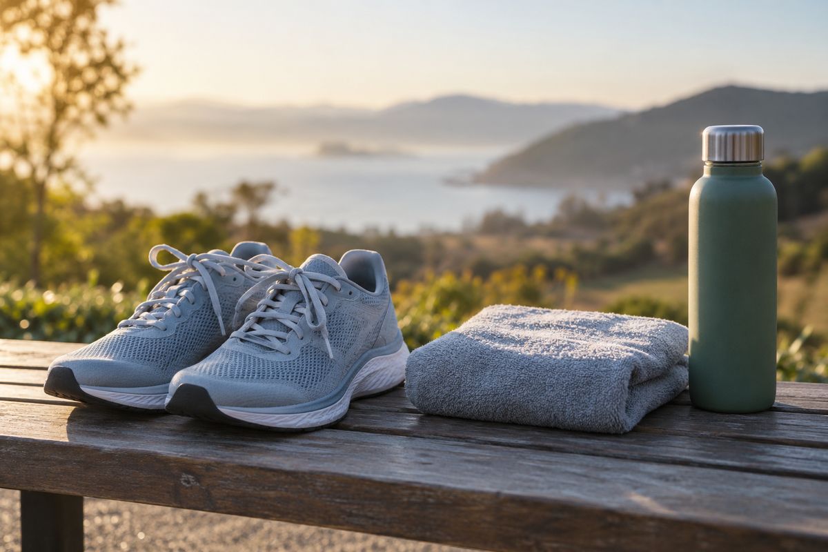 Running shoes, a folded towel and a water bottle on a wooden bench outdoors in early morning light