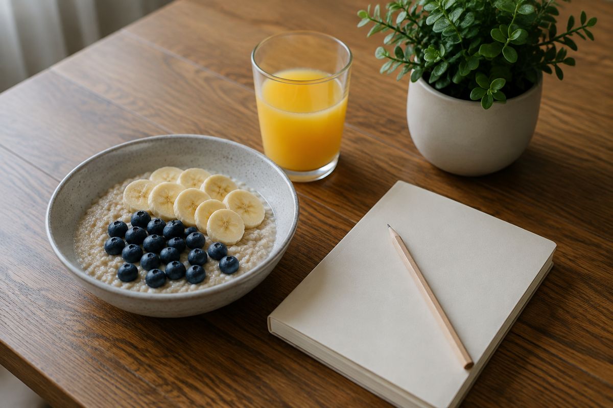 Un bol de avena con arándanos y plátano, jugo de naranja y un lápiz sobre un diario cerrado en una mesa de madera