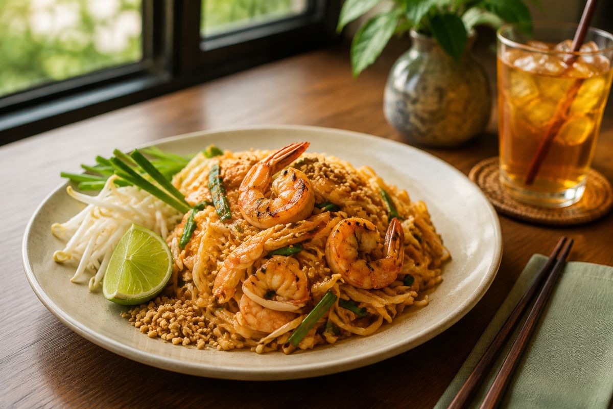 A plate of shrimp pad thai with lime wedges, chopsticks and a glass of iced tea on a restaurant table