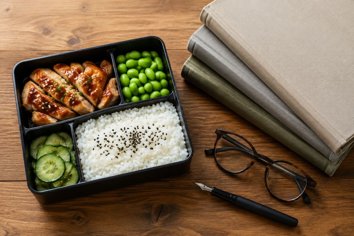 A bento box of rice, teriyaki chicken, edamame and pickles on a desk beside cloth-bound notebooks, glasses and a pen