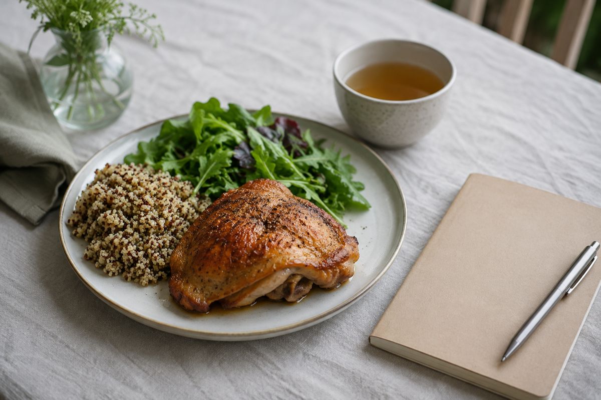 Pollo asado, quinoa y ensalada verde sobre un mantel de lino con una infusión y un cuaderno con bolígrafo
