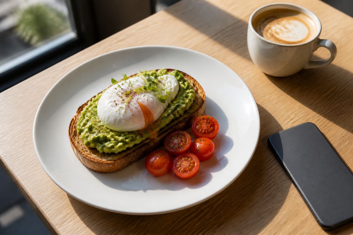 Tostada de aguacate con huevo escalfado y tomates cherry, un capuchino y un teléfono boca abajo en una mesa de roble