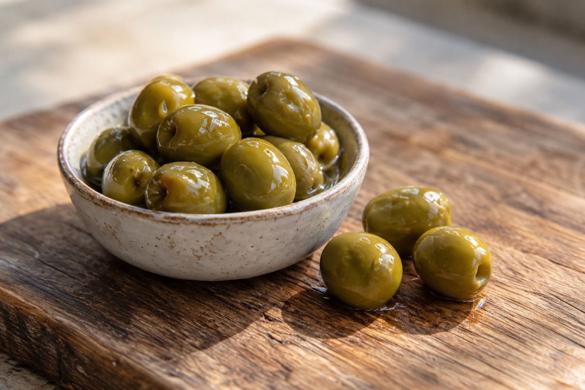A small ceramic dish of green olives in brine with a few loose olives beside it on a wooden board.