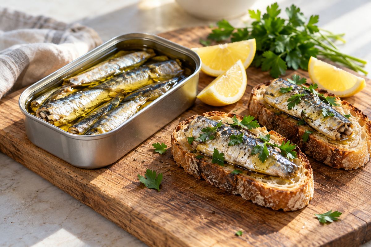 An open tin of sardines in olive oil beside two slices of toasted sourdough topped with sardines, lemon wedges and parsley