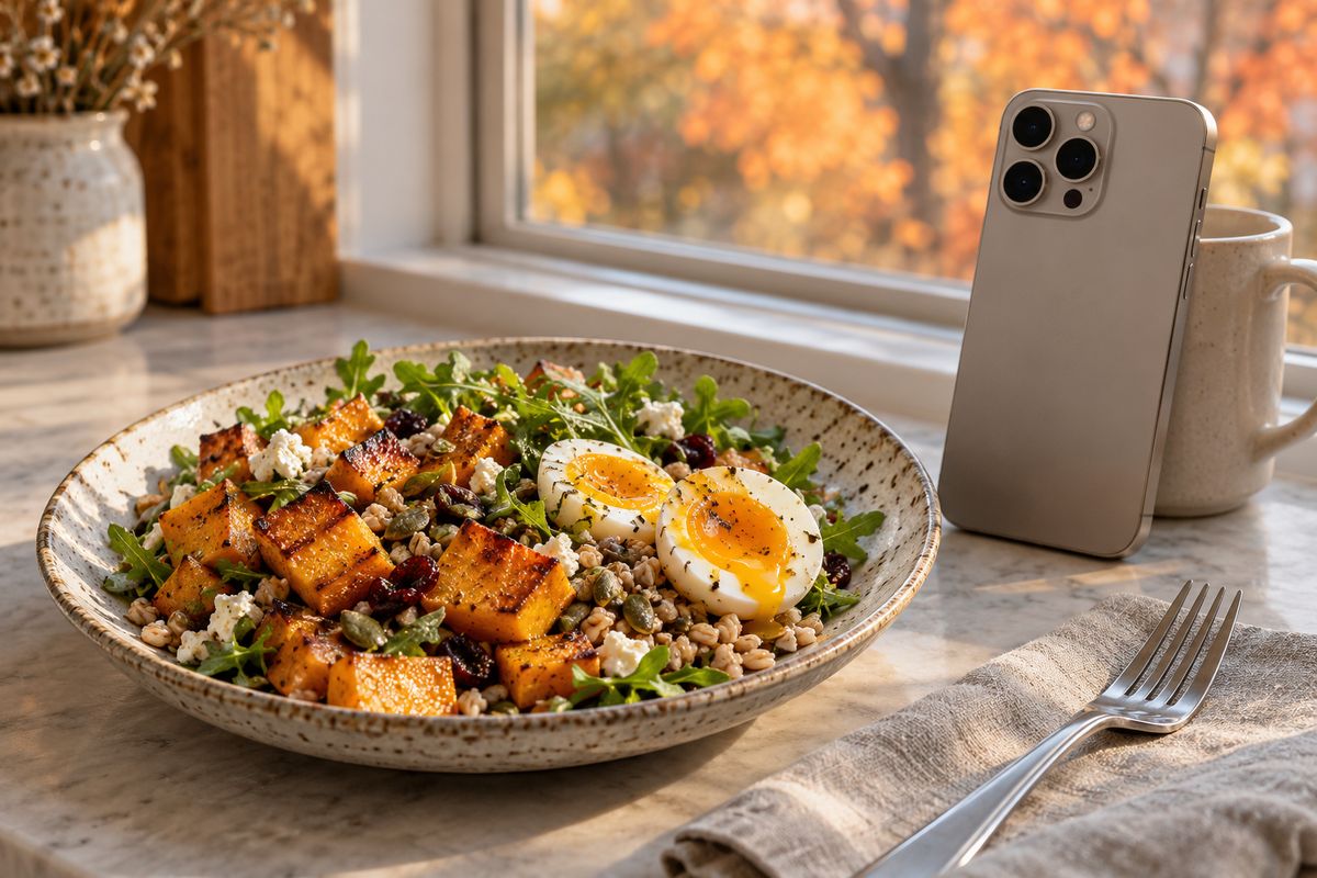 Ensalada de calabaza asada, farro y huevo tibio en una encimera, con un teléfono apoyado en una taza junto a la ventana
