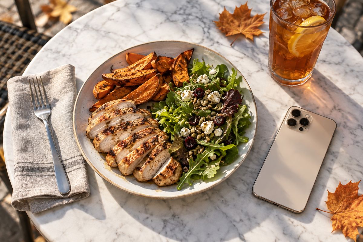 Overhead view of grilled chicken, sweet potato wedges and salad on a marble café table beside iced tea and a phone face down