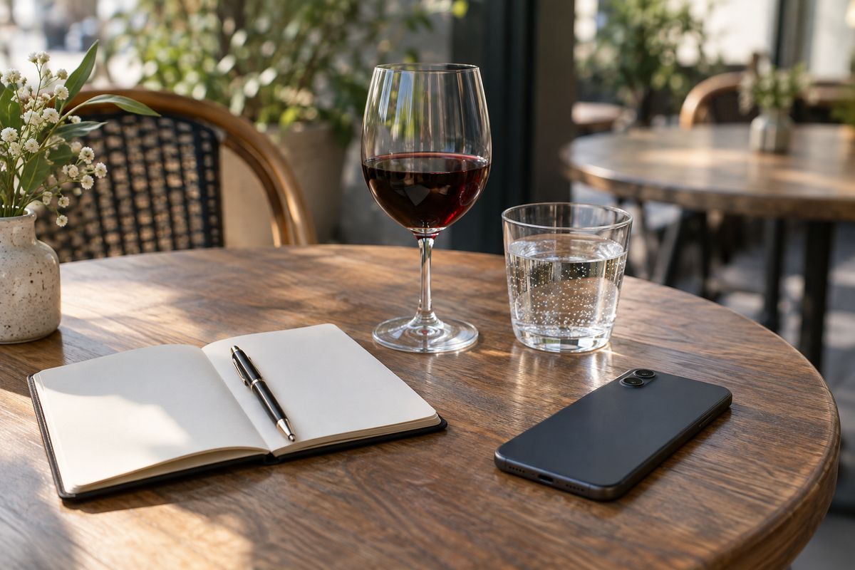 A glass of red wine, a glass of sparkling water, an open notebook and a phone face down on a café table