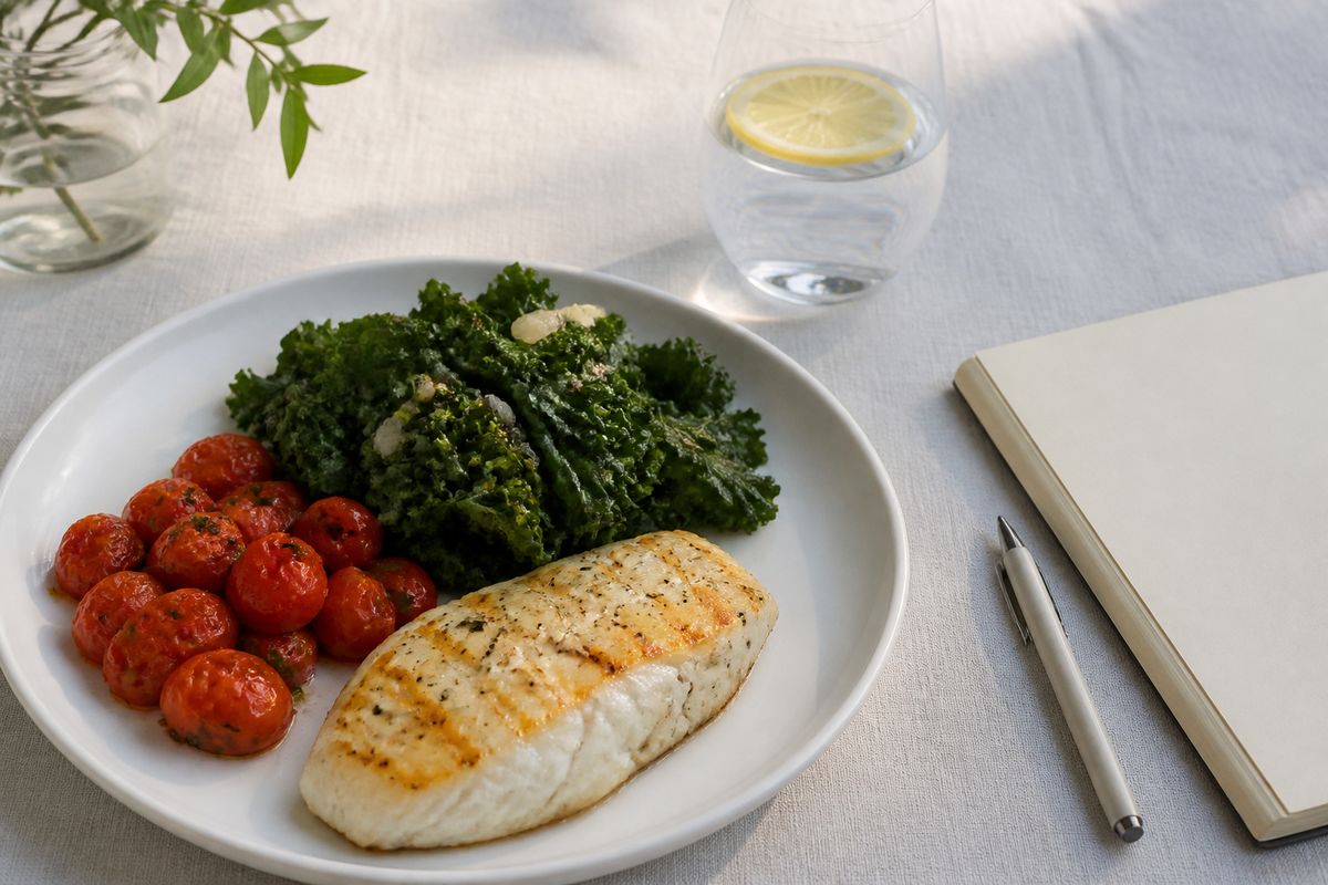 Pescado blanco a la plancha, tomates asados y verduras al vapor con agua con limón y un cuaderno sobre un mantel gris