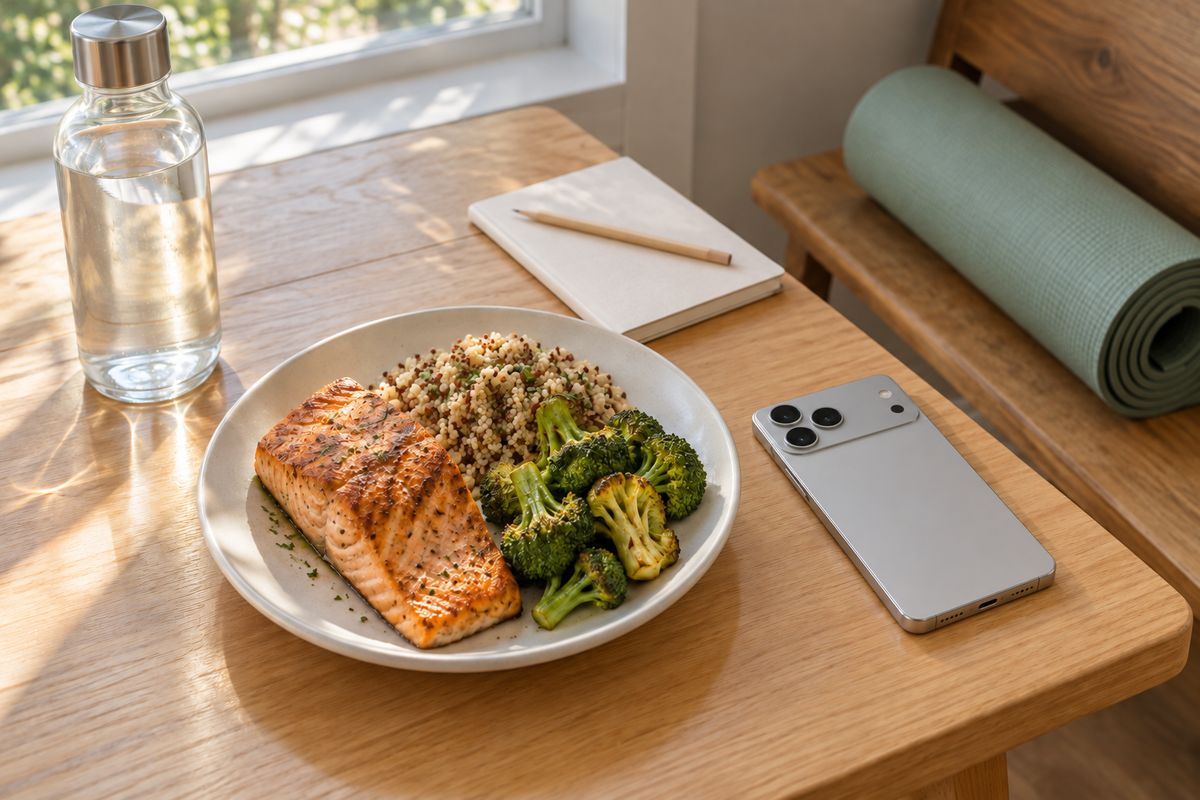 Salmón con quinoa y brócoli, una botella de agua, un cuaderno y un teléfono boca abajo; al lado, una colchoneta de yoga