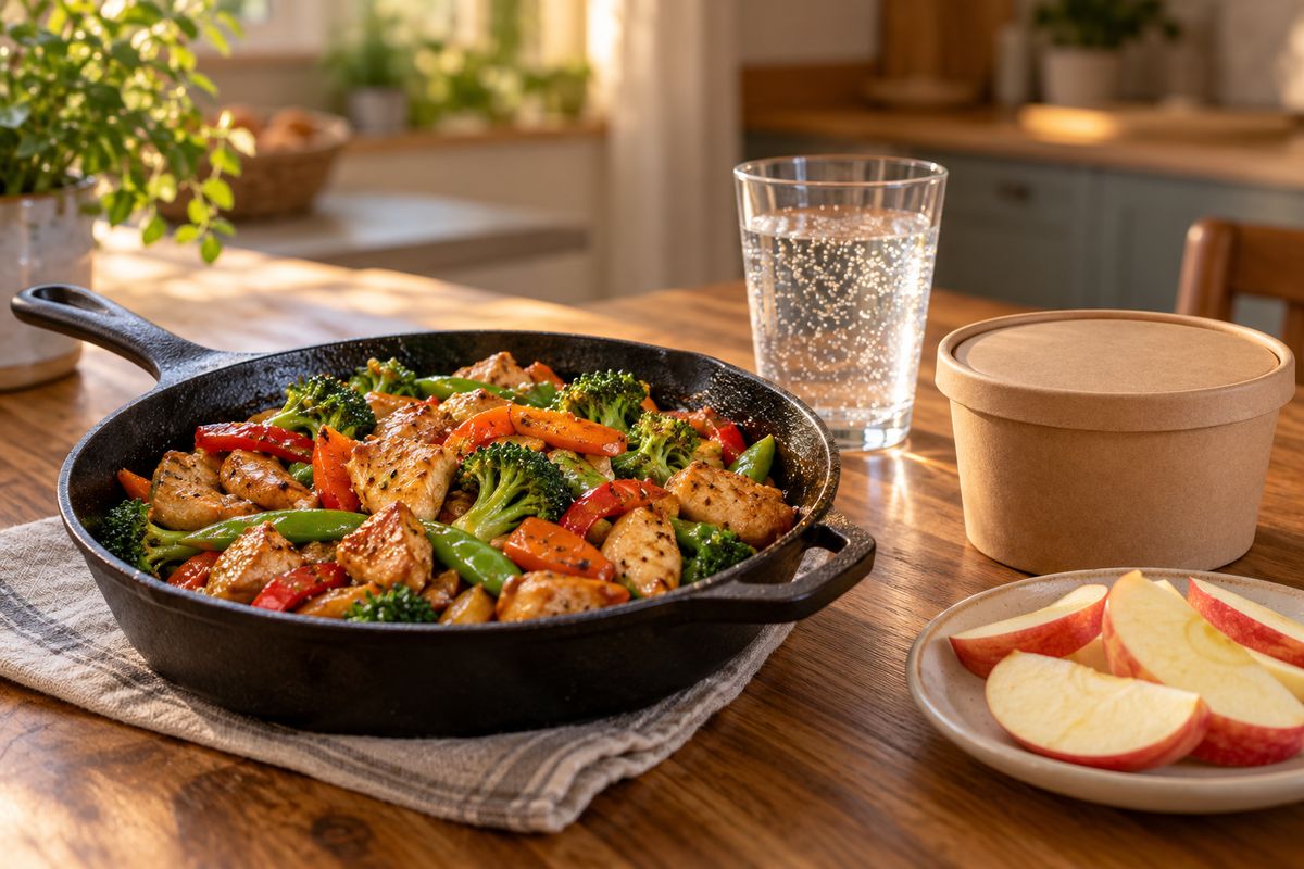 Cast-iron skillet of homemade chicken stir-fry beside a kraft takeaway bowl, apple slices and sparkling water
