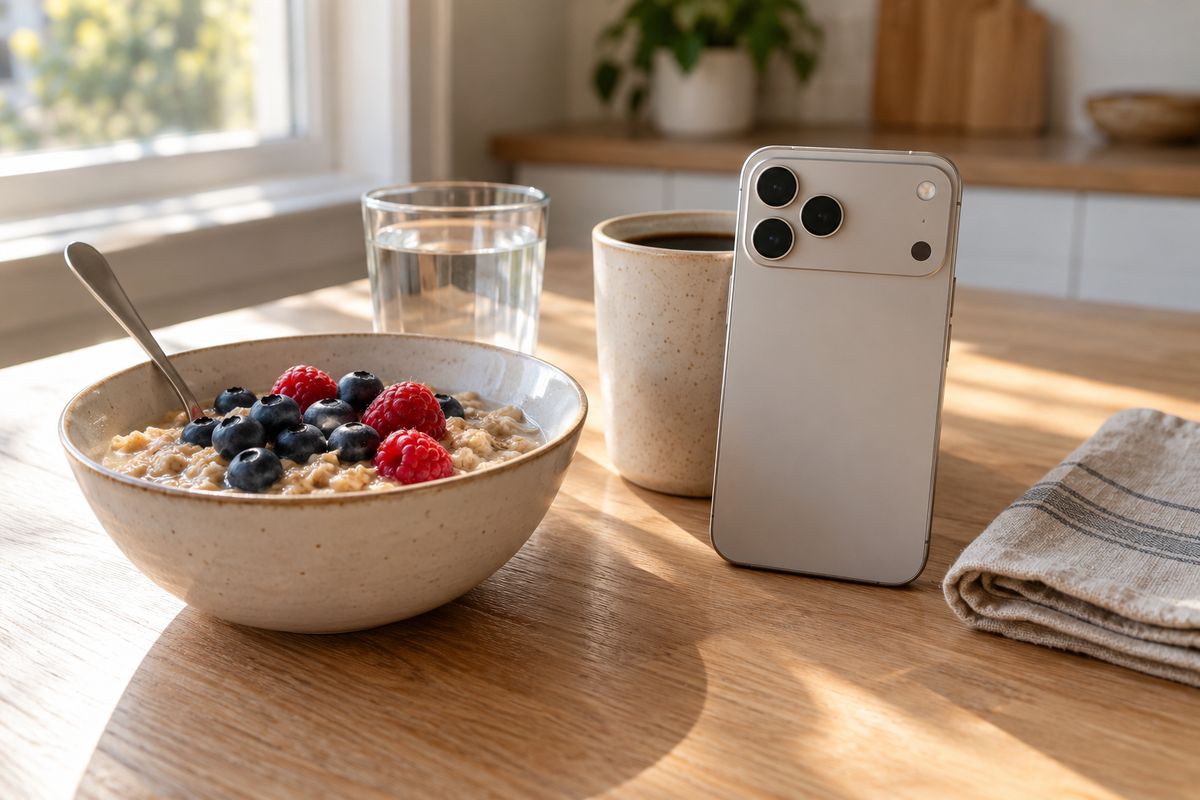 Oatmeal with blueberries and raspberries, black coffee, a glass of water and a phone propped against the mug on a table