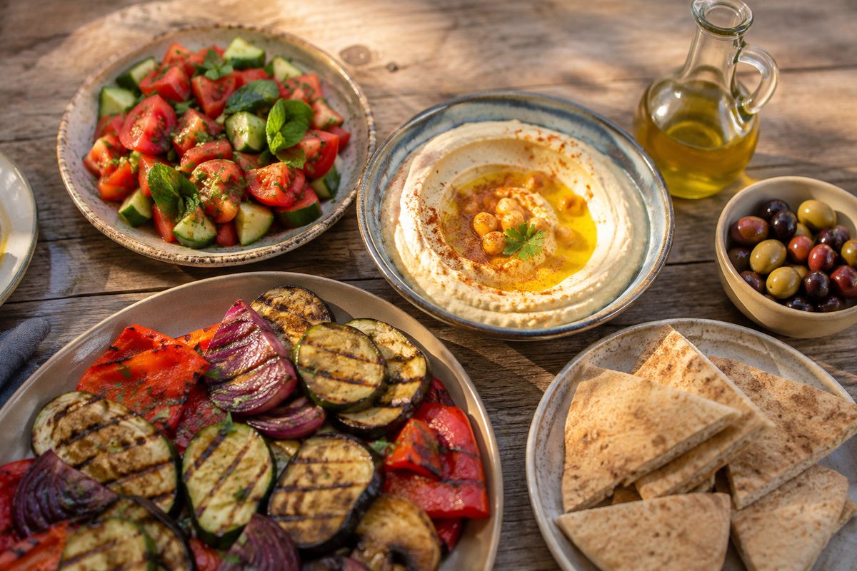 Verduras a la parrilla, hummus, aceitunas, ensalada de tomate y pepino y pan de pita en una mesa rústica al aire libre