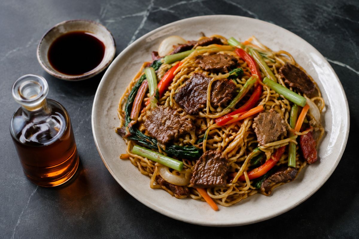 Beef and vegetable stir-fried noodles glistening with oil, a dish of soy sauce and a glass bottle of oil on dark stone