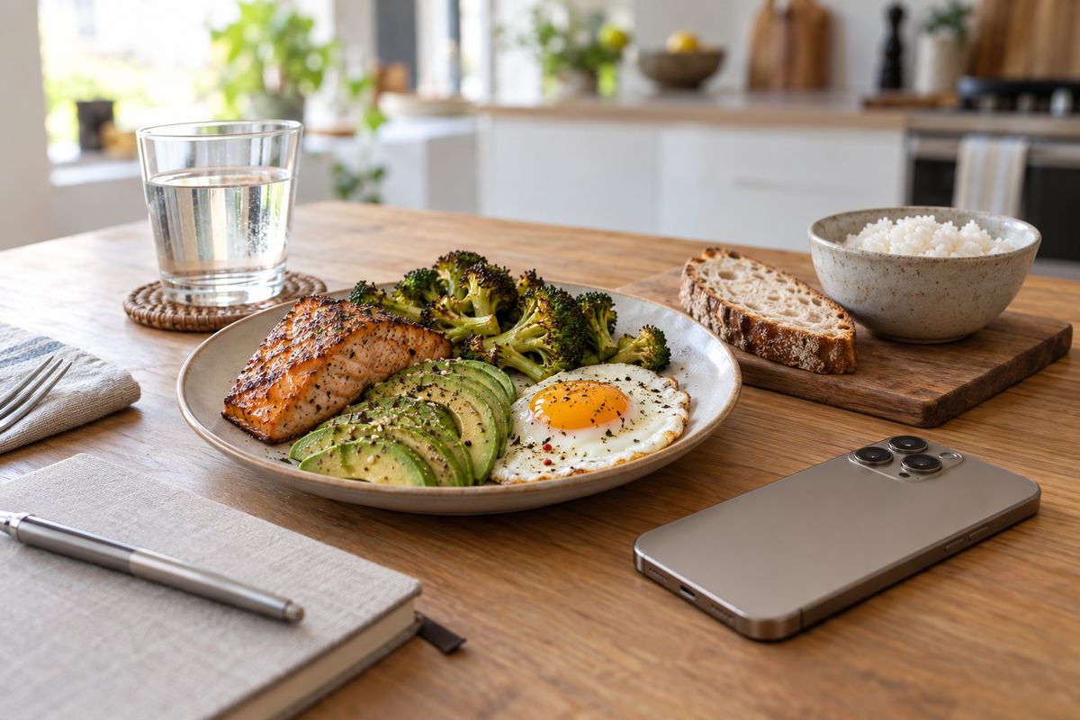A low-carb plate of salmon, avocado, broccoli and a fried egg, with bread, rice and a phone face down beside it