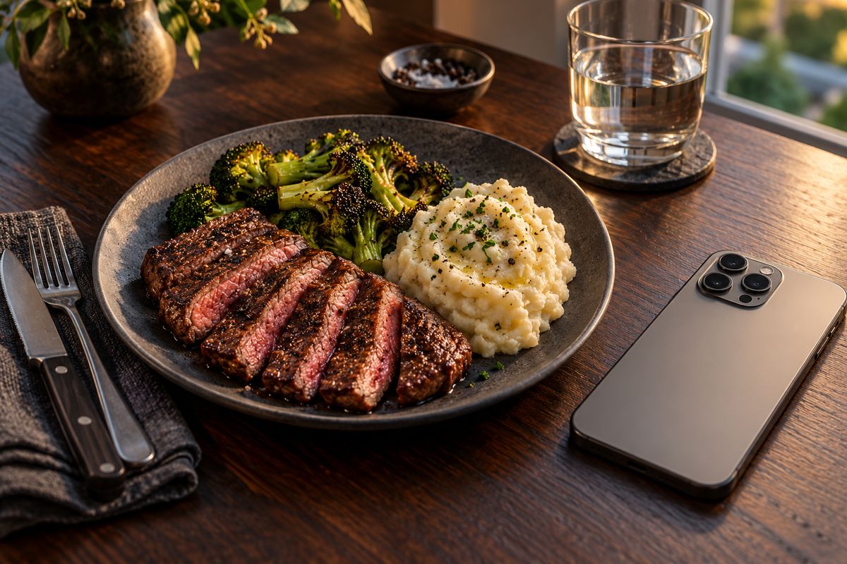Sliced medium-rare steak, roasted broccoli and cauliflower mash on a dark plate, beside cutlery and a phone face down.