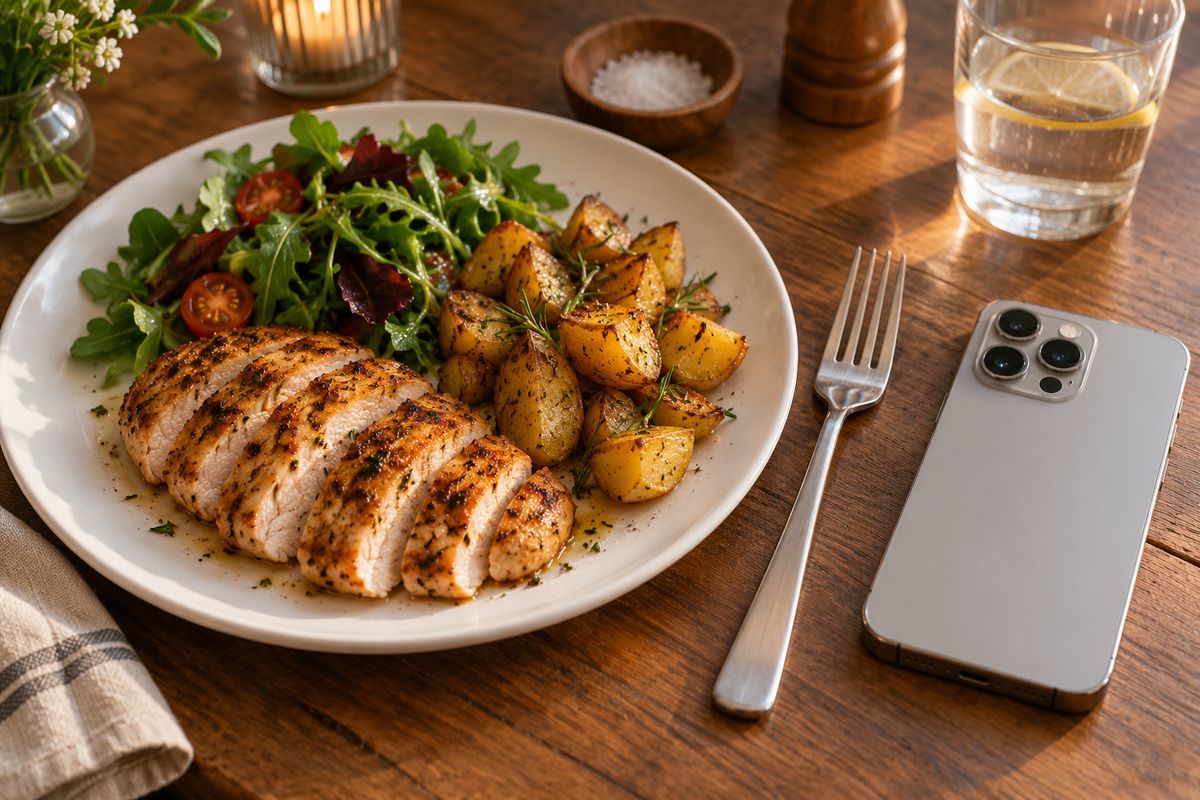 Grilled chicken breast, rosemary roast potatoes and a green salad on a plate, beside a fork and a phone lying face down.