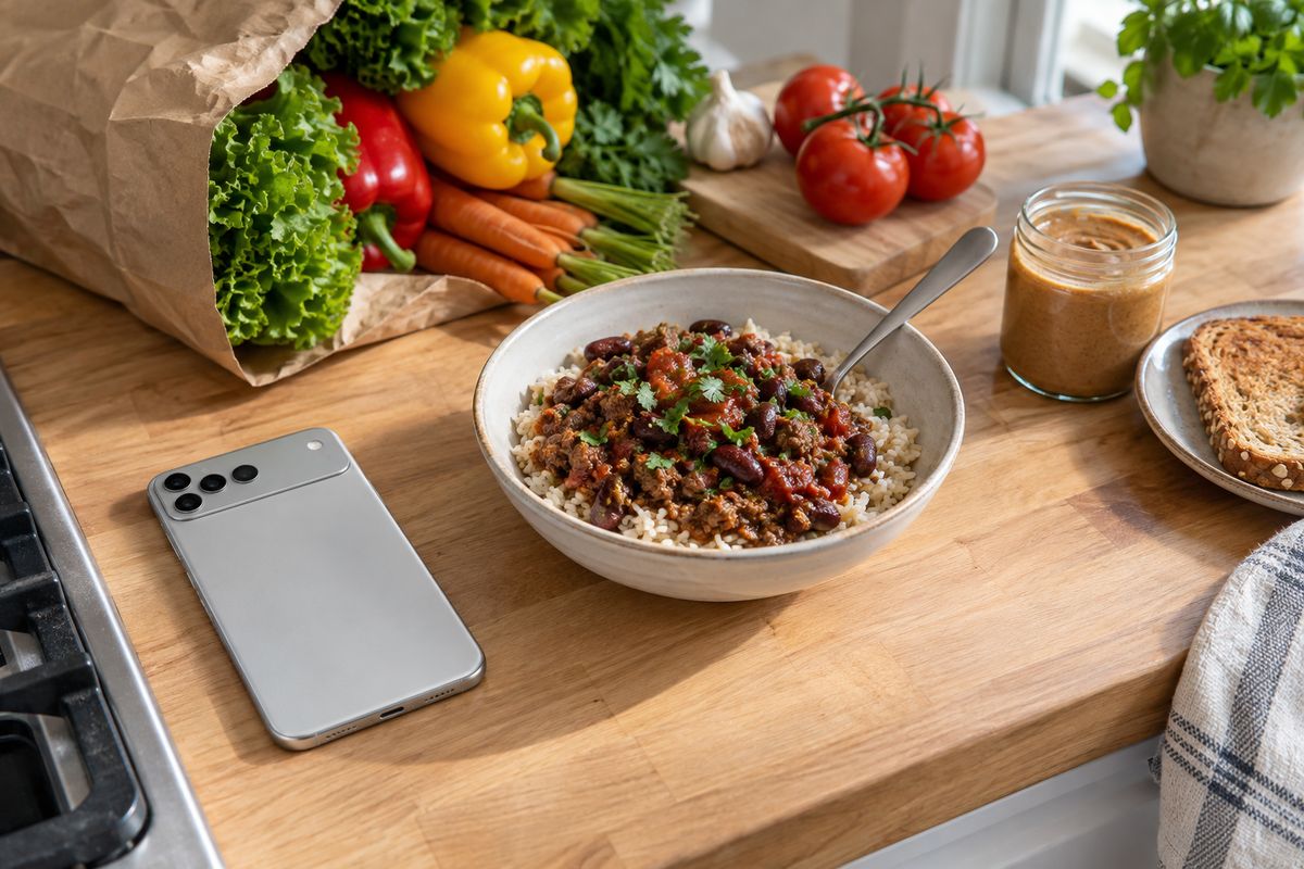 A bowl of beef chili over rice, a jar of almond butter, toast, a grocery bag and a phone face down on a kitchen counter