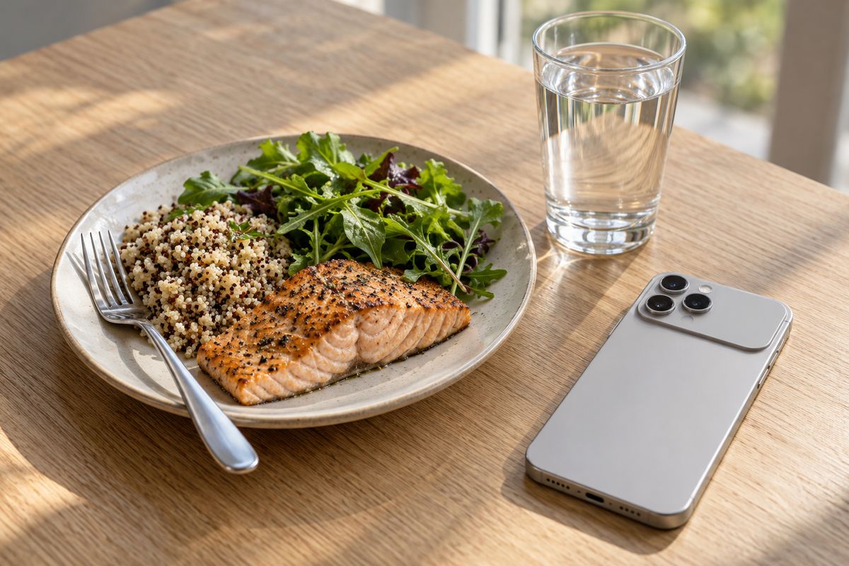Salmón a la plancha con quinoa y hojas verdes en un plato pequeño, un vaso de agua y un teléfono boca abajo en la mesa
