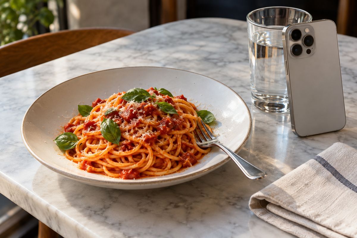 Spaghetti with tomato sauce and basil on a marble table, a glass of water and a phone propped against it, screen turned away.