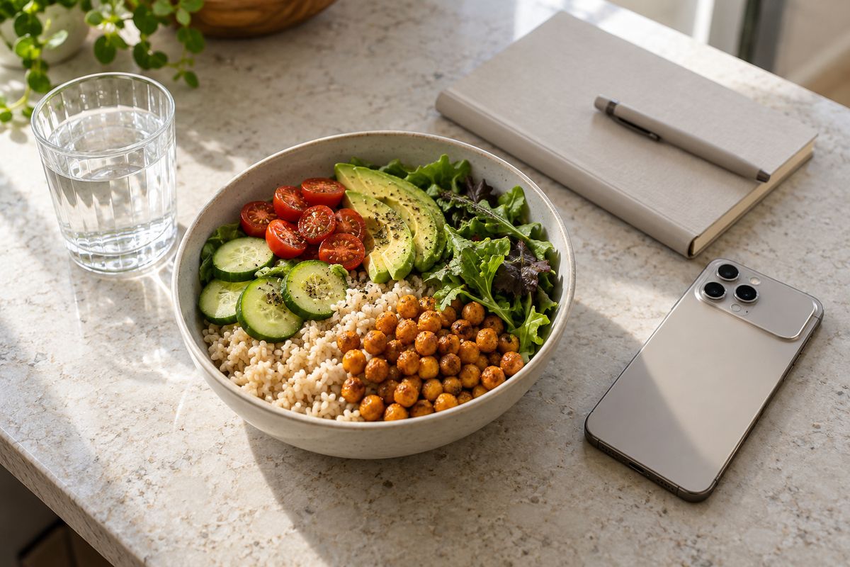 Un bol de arroz, garbanzos asados, aguacate, pepino y tomate junto a un vaso de agua, una libreta y un móvil boca abajo