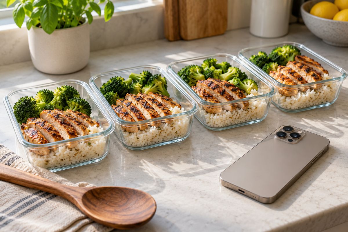 Cuatro recipientes de vidrio con pollo a la parrilla, arroz blanco y brócoli en la cocina, junto a un teléfono boca abajo.