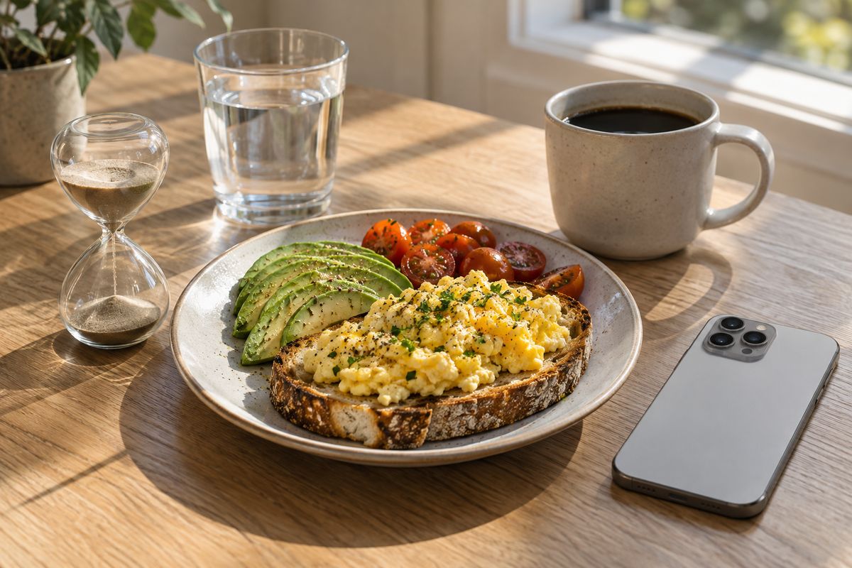 Scrambled eggs on sourdough toast with avocado, an hourglass, water, coffee and a phone lying face down on a sunny table
