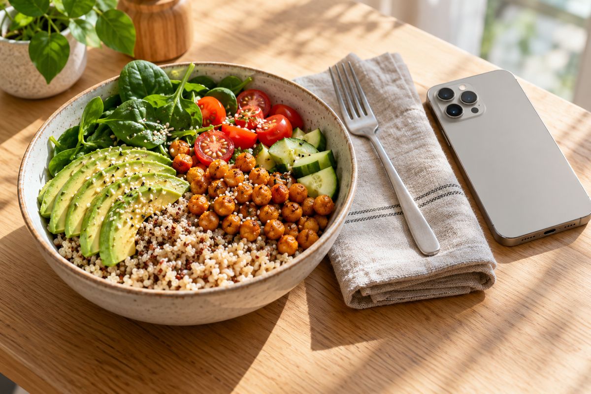 A grain bowl with avocado, roasted chickpeas, spinach and tomatoes on an oak table, beside a napkin and a face-down phone.