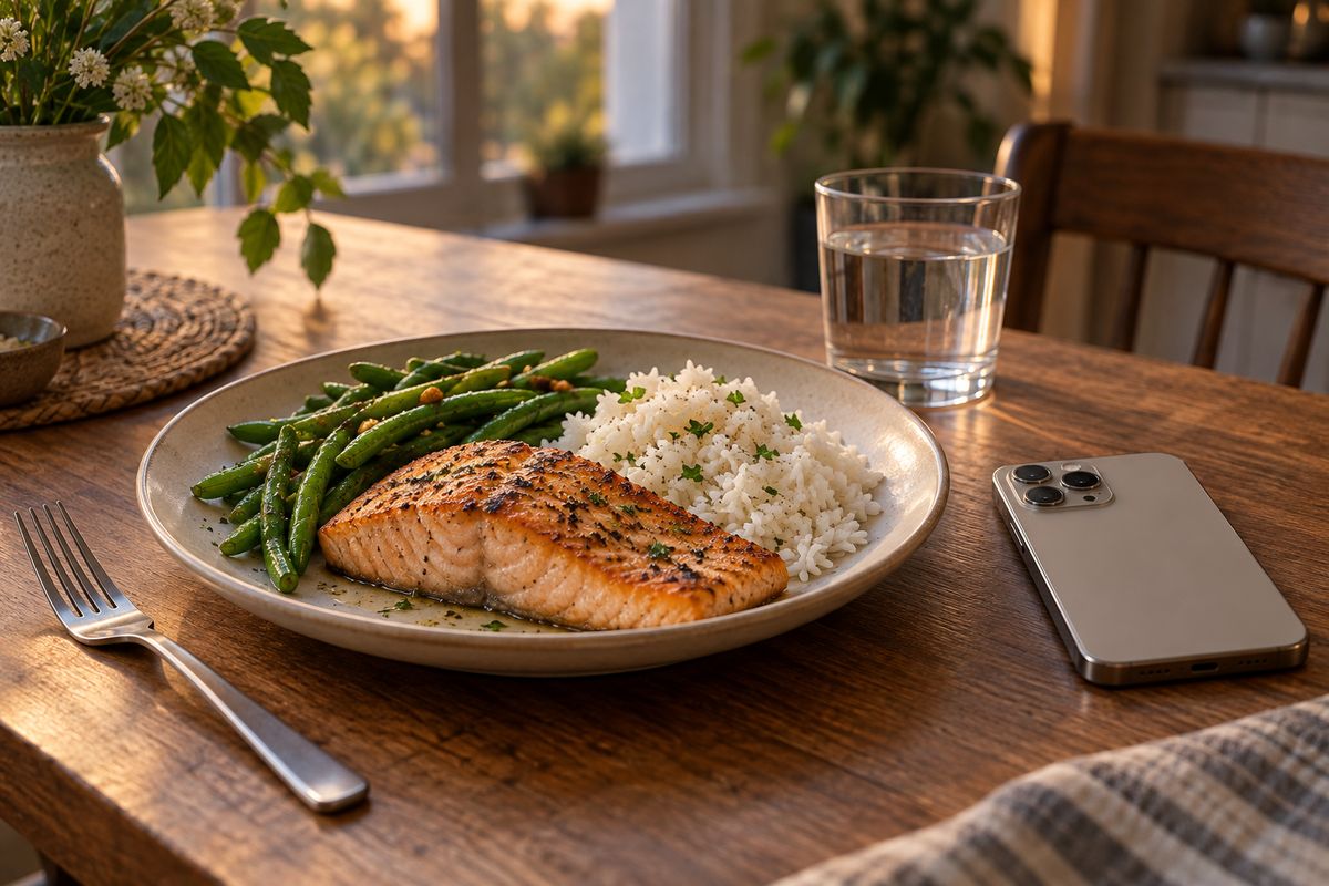 Grilled salmon with white rice and green beans on a wooden table, beside a glass of water and a phone lying face down.