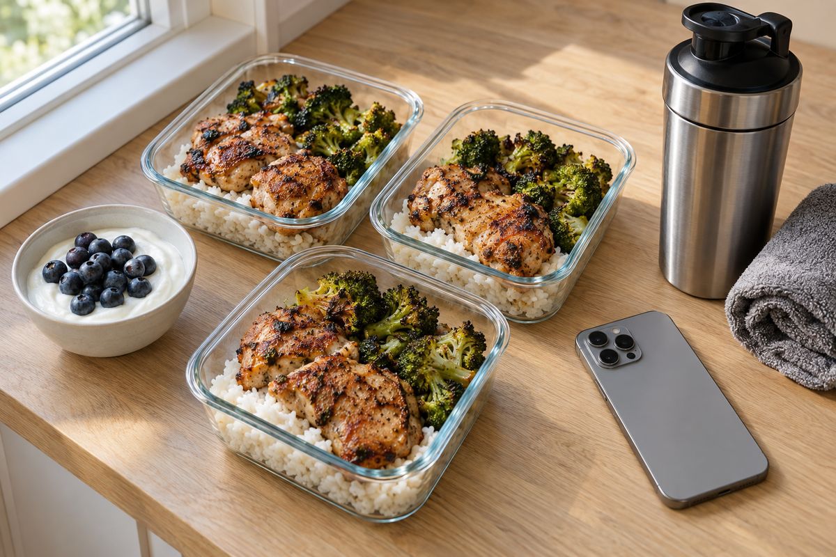 Recipientes con pollo a la plancha, arroz y brócoli junto a yogur con arándanos, un vaso mezclador y un teléfono boca abajo
