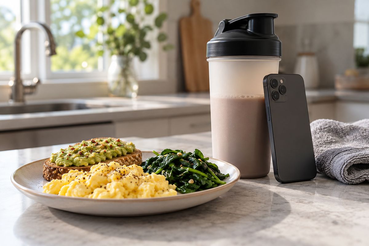 Scrambled eggs, avocado toast and spinach on a plate beside a shaker bottle and a phone propped against it, screen away.