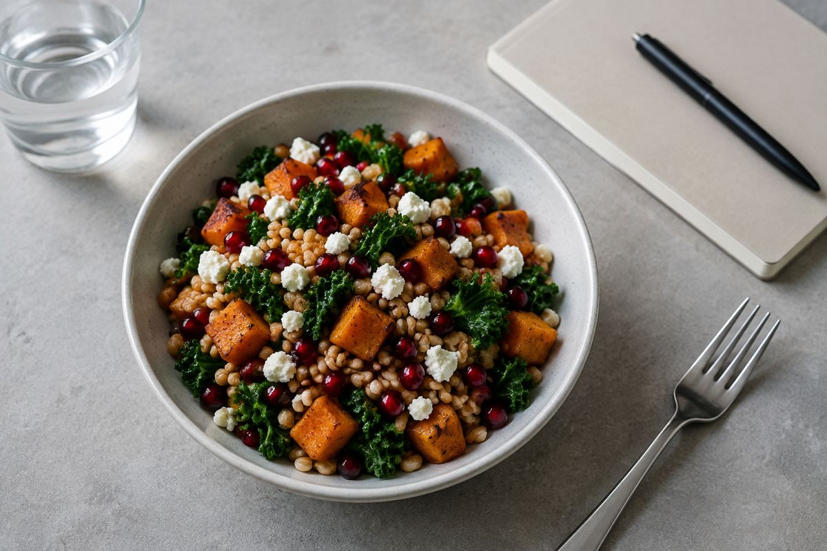 A farro bowl with roasted squash, kale, pomegranate and goat cheese on concrete beside a closed notebook and pen
