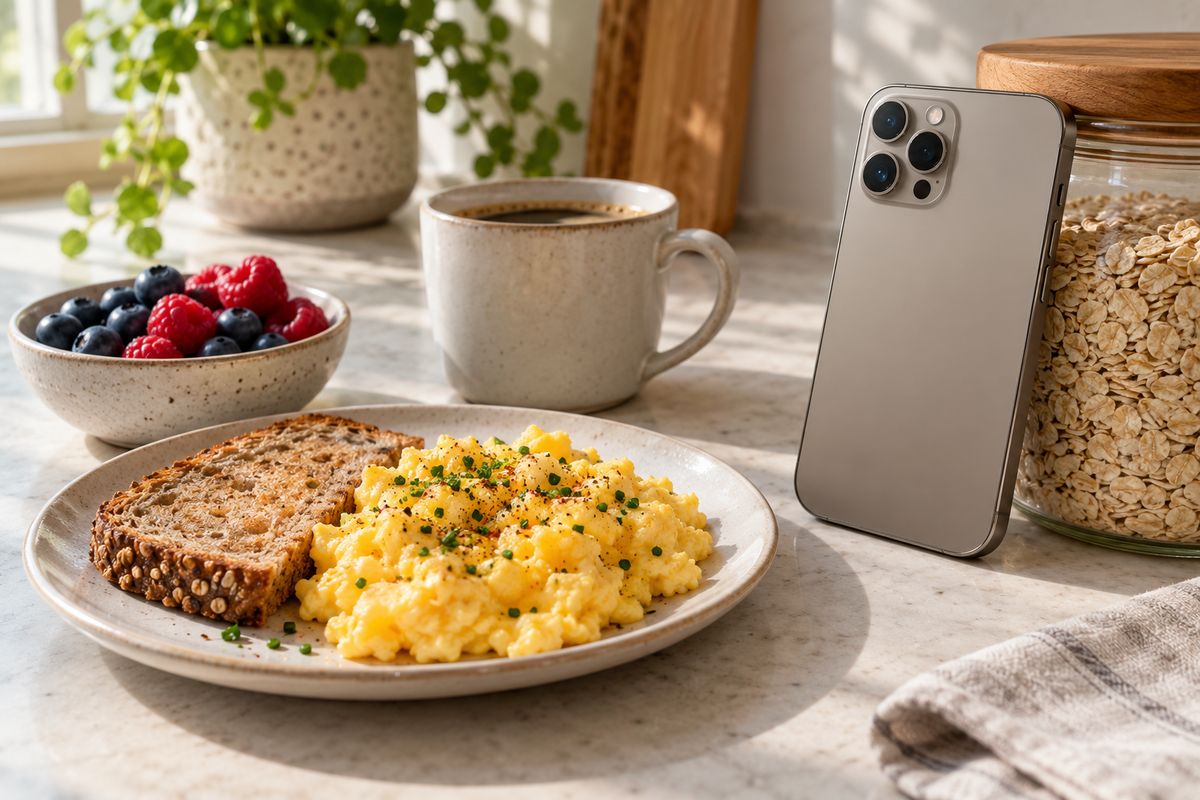 Scrambled eggs with whole-grain toast, berries and coffee on a stone counter, a phone propped against a jar of oats.