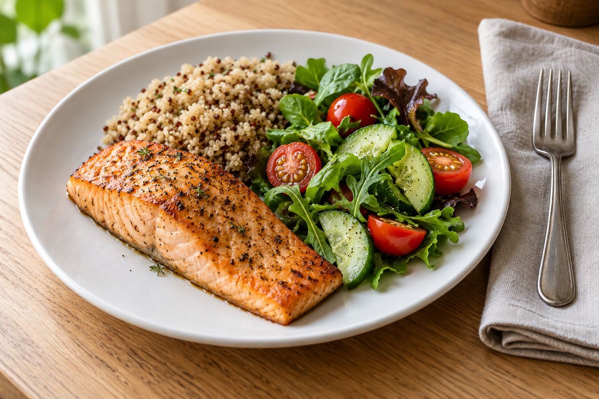 Salmón al horno, quinoa y ensalada verde con tomates cherry en un plato blanco, y un tenedor sobre una servilleta de lino