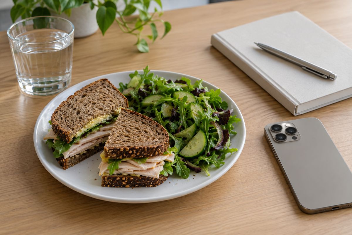 A turkey sandwich on rye and a green salad on a desk, with a glass of water, a closed notebook and a phone lying face down.