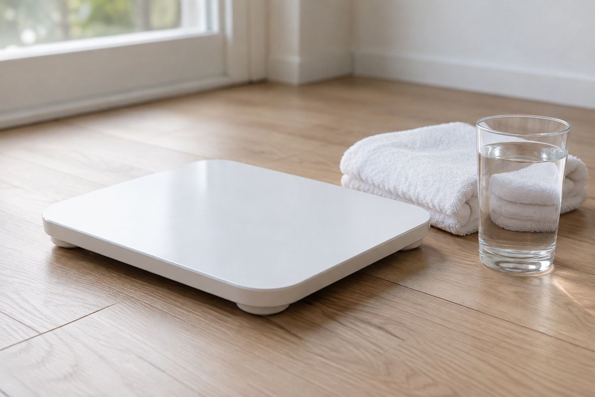 A white bathroom scale on light oak floorboards beside a folded towel and a glass of water in soft morning light.