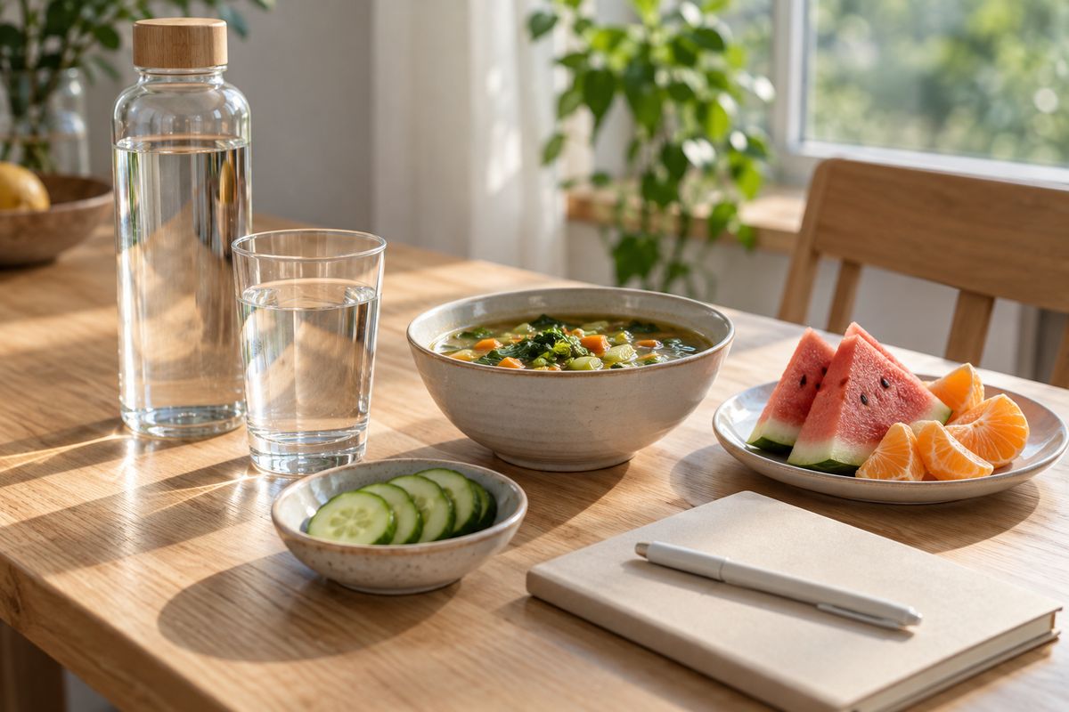 Un vaso y una botella de agua junto a una sopa de verduras, pepino en rodajas, sandía y gajos de naranja en una mesa