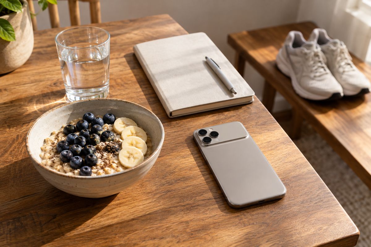 Oatmeal with blueberries, a glass of water, a closed notebook and a phone face down on a table, running shoes nearby
