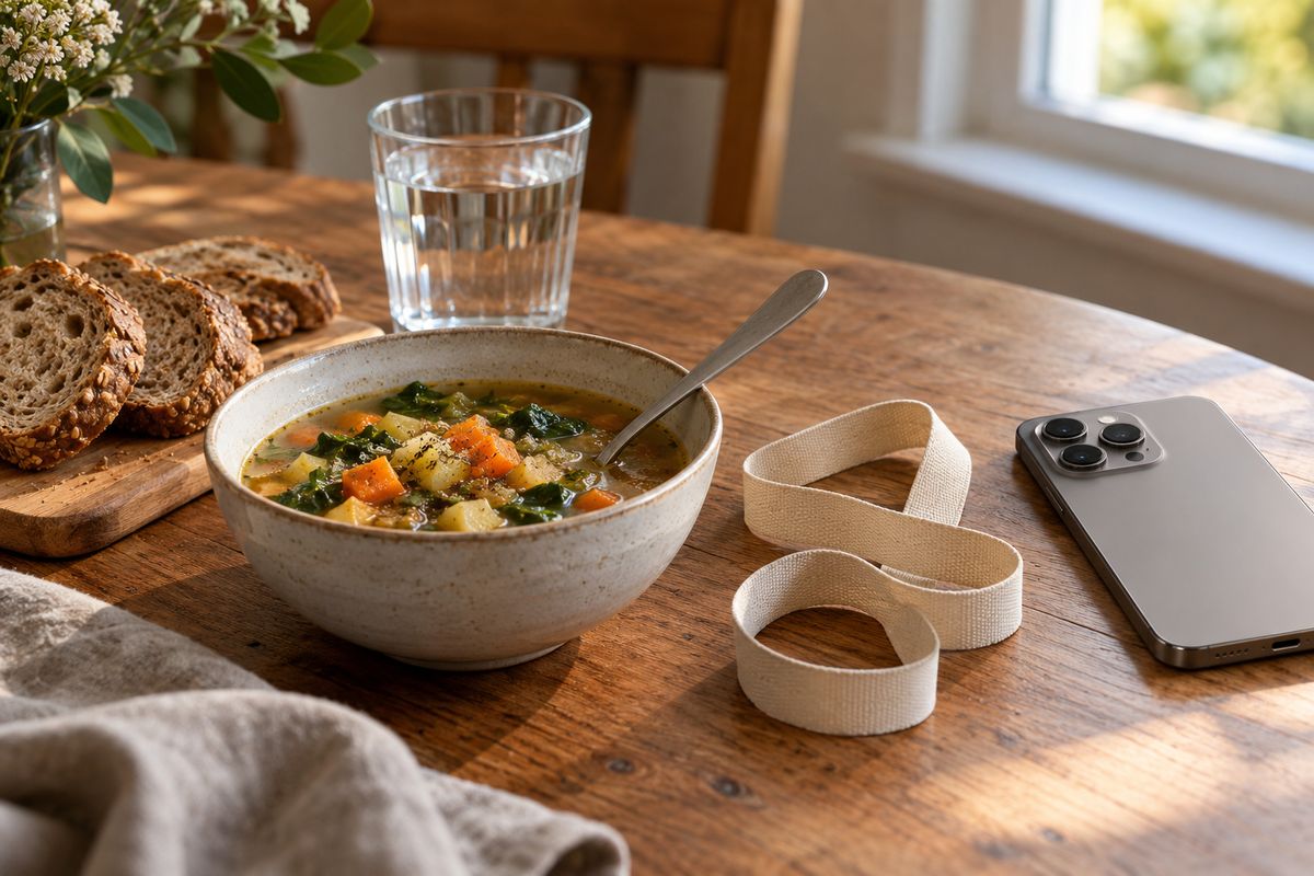 Sopa de verduras, pan integral en una tabla, un vaso de agua, una cinta de tela y un teléfono boca abajo en una mesa
