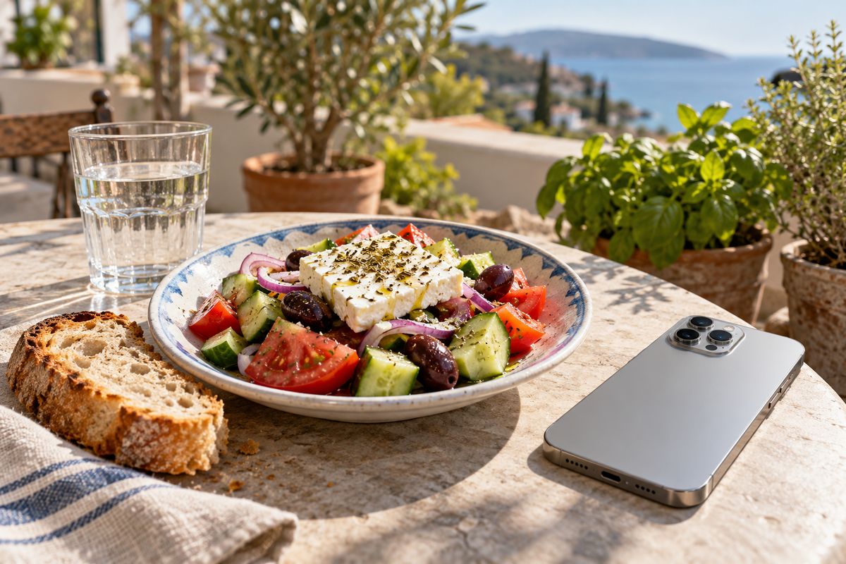 Greek salad with feta, olives and tomato on a balcony table, with crusty bread, water and a phone lying face down.
