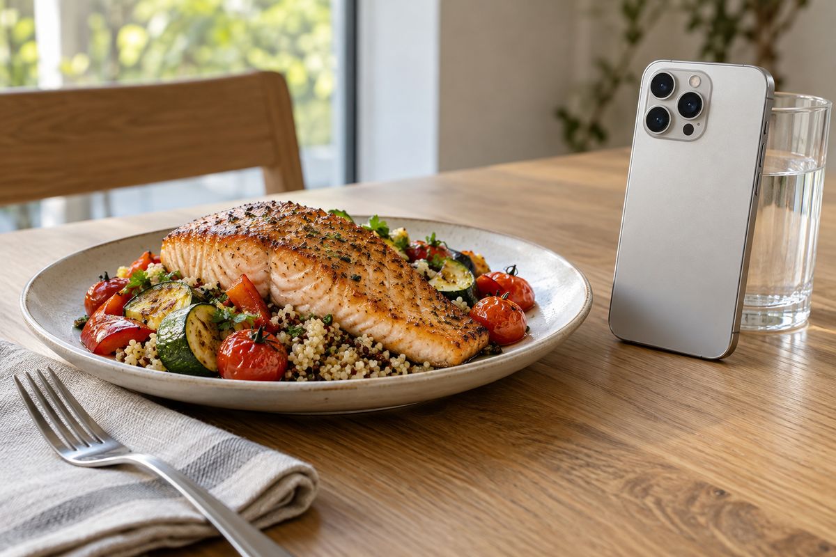 Lomo de salmón dorado sobre quinoa con pimientos, calabacín y tomates asados, junto a un teléfono apoyado en un vaso de agua.