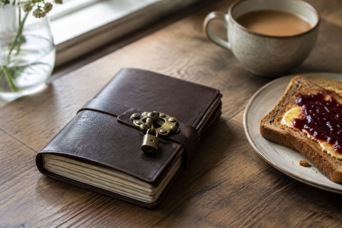 A leather diary closed with a small padlock on a desk beside toast with jam and a cup of tea
