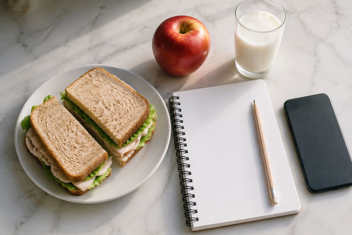 Un sándwich de pavo partido, una manzana, un vaso de leche, un cuaderno en blanco con lápiz y un teléfono boca abajo