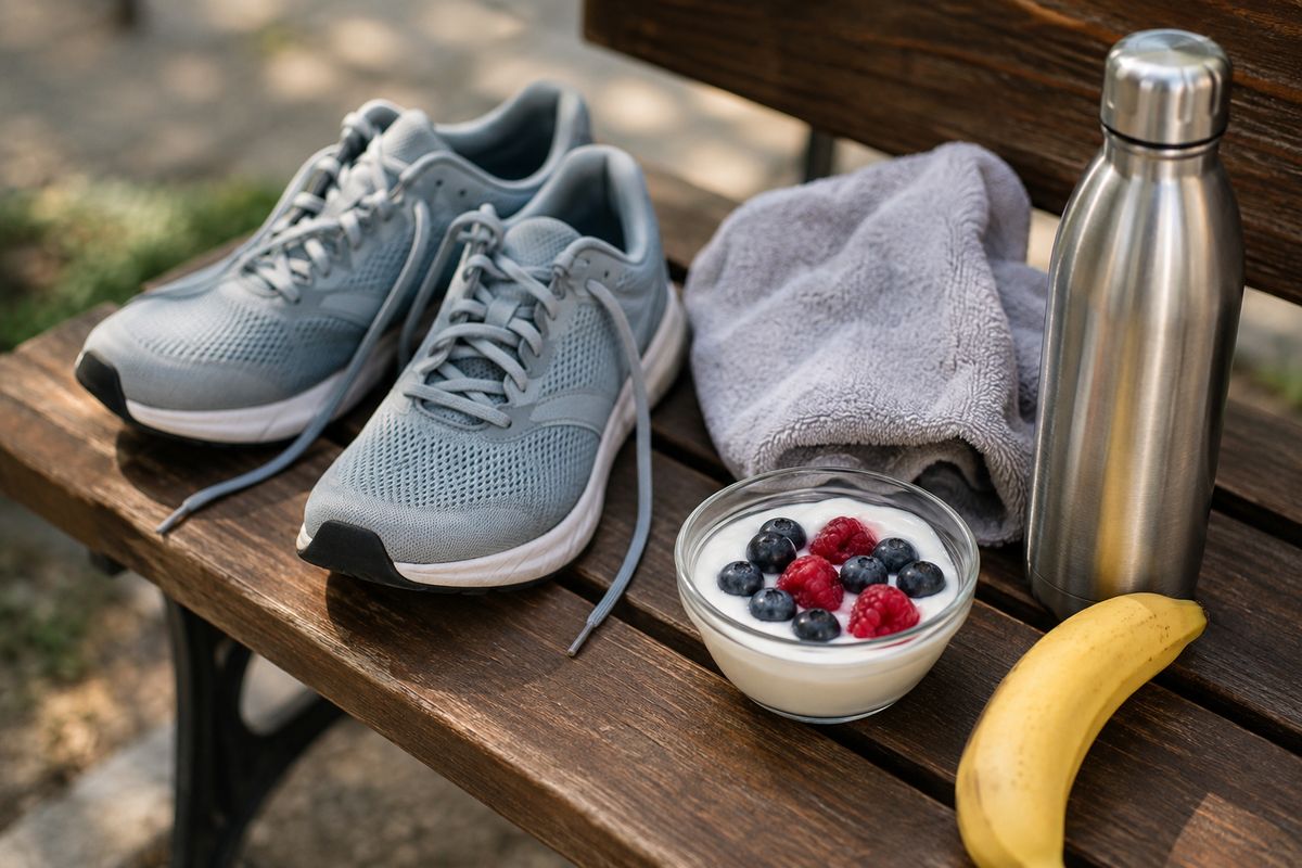 Running shoes, a towel, a water bottle, a banana and a bowl of yogurt with berries on a wooden bench