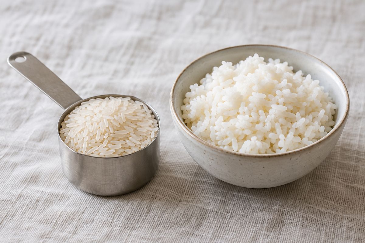 A metal measuring cup of uncooked white rice beside a ceramic bowl of fluffy cooked white rice on linen