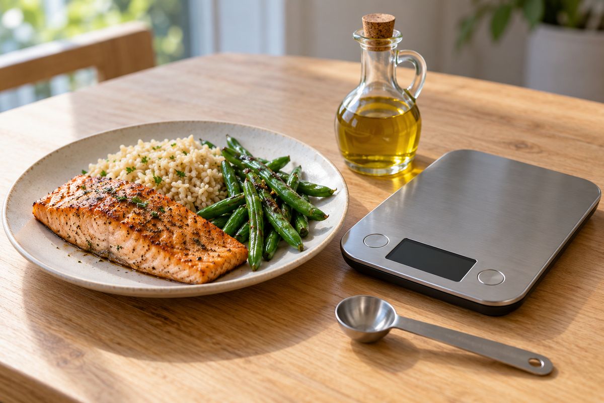 Grilled salmon with rice and green beans next to a kitchen scale, a bottle of olive oil and a measuring spoon on a wooden table