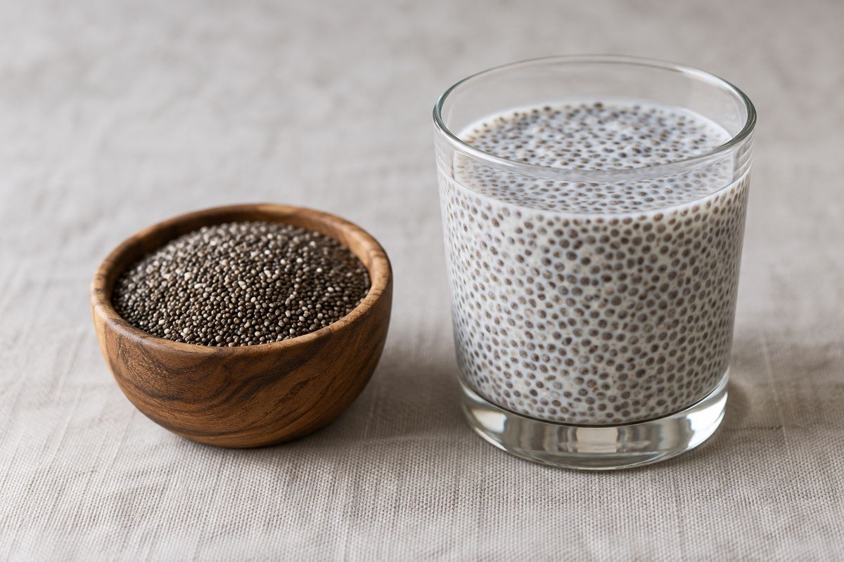 A small wooden bowl of dry chia seeds next to a glass of chia pudding on a linen surface.