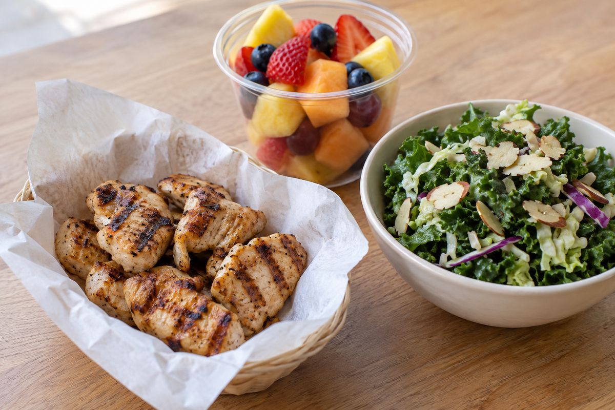 Una cesta con trozos de pollo a la parrilla junto a un vaso de fruta variada y una ensalada de kale y col
