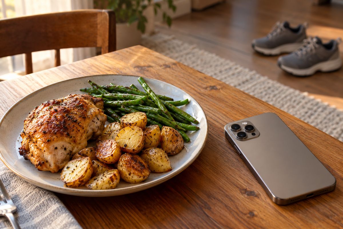 A dinner plate of roast chicken, roasted potatoes and green beans on a wooden table, a phone face down beside it
